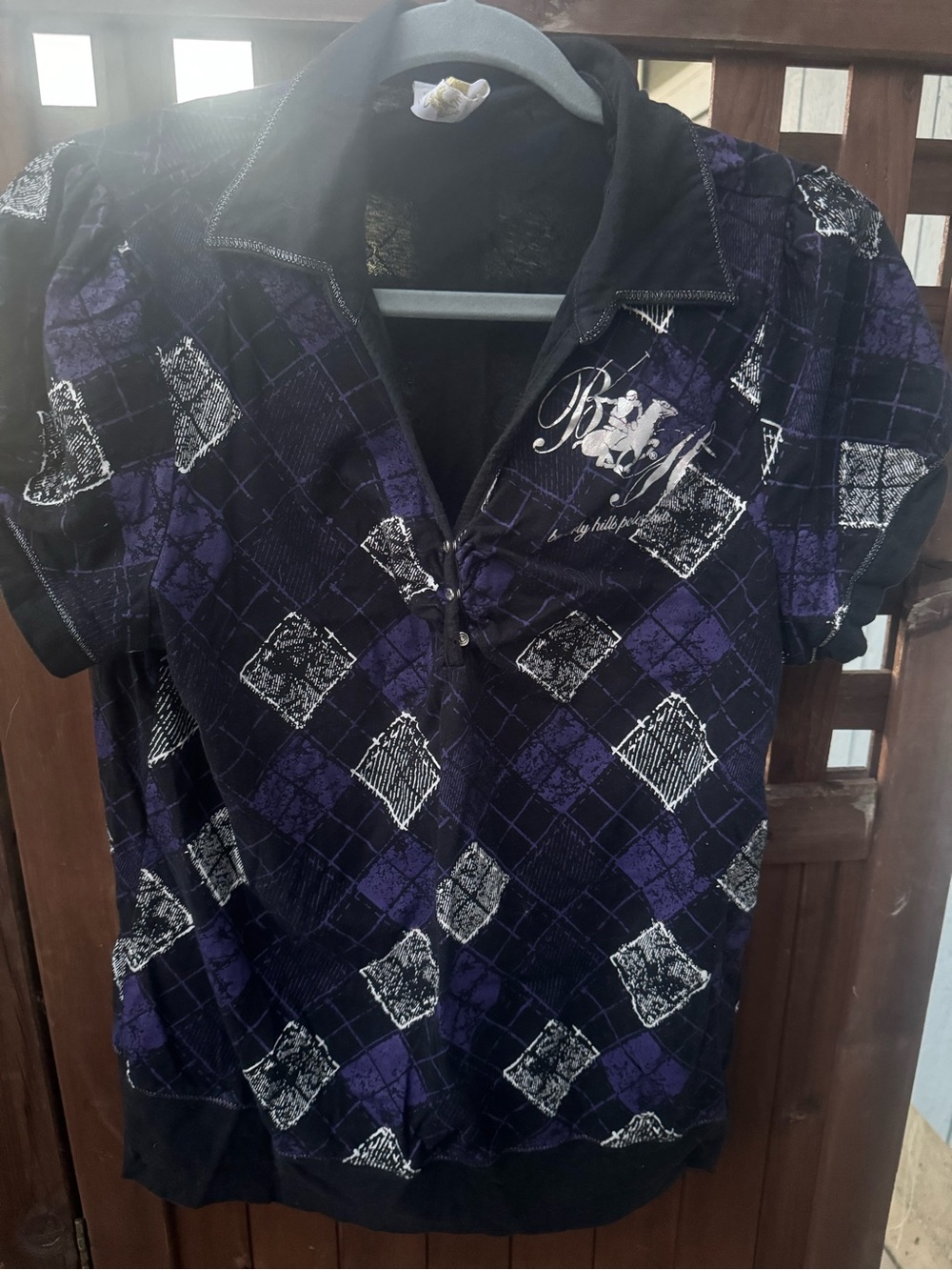 Beverly Hills Polo Club Purple Argyle Zip-Front Short Sleeve Polo